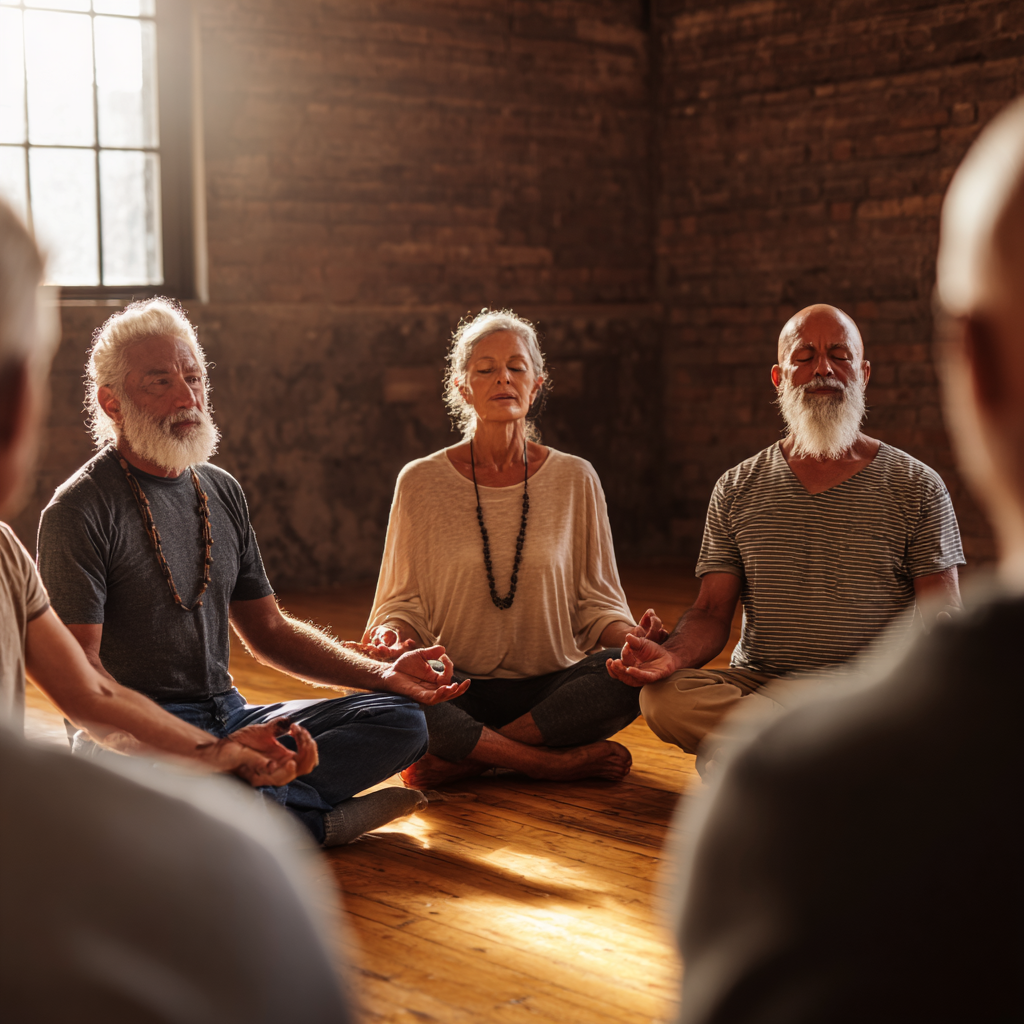 Group of mature adults sitting in meditation circle during yoga workshop