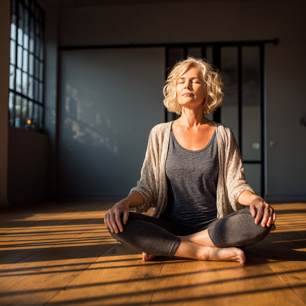 Middle-aged woman practicing yoga in a serene studio with natural lighting and wooden floors